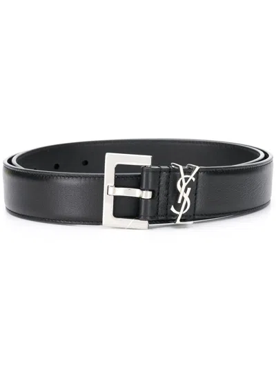 Saint Laurent Ysl Grained Leather Belt In Black