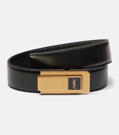 Saint Laurent Monogram Leather Belt In Black