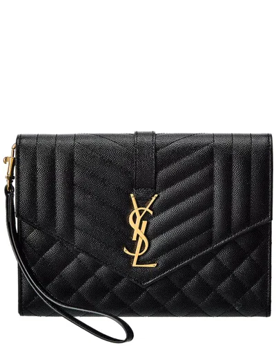 Saint Laurent Monogramme Quilted Textured-leather Pouch In Black