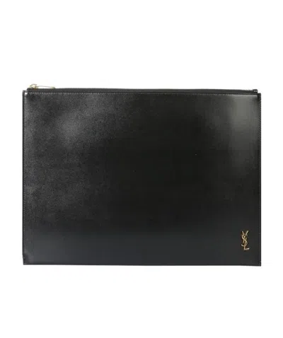 Saint Laurent Monogram Leather Clutch In Black