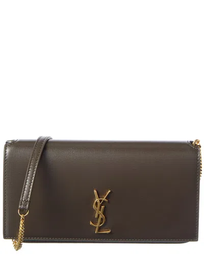 Saint Laurent Monogram Leather Phone Holder With Chain In Brown