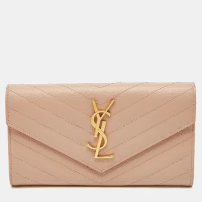 Pre-owned Saint Laurent Monogram Light Pink Matelassé Leather Envelope Wallet
