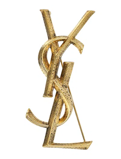Saint Laurent Monogram Logo Brooch Pin In Aged Gold