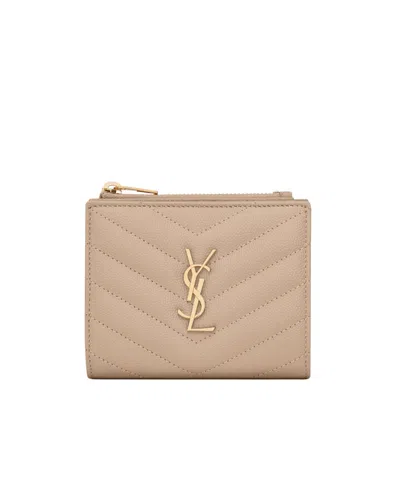 Saint Laurent Monogram Logo Plaque Quilted Wallet In Dark Beige