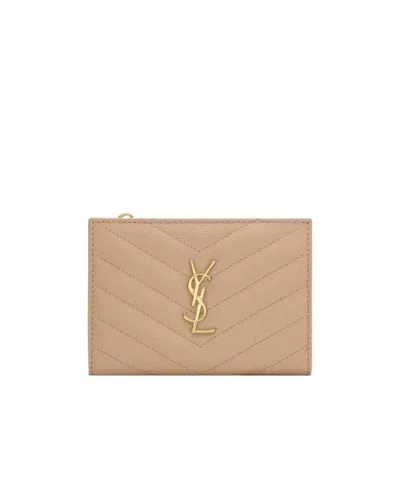 Saint Laurent Monogram Logo Plaque Wallet In Neutral