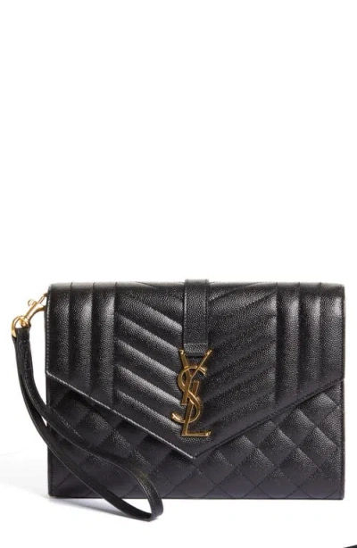 Saint Laurent Monogram Matelassé Leather Clutch In Nero/nero/nero