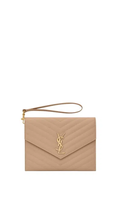 Saint Laurent Monogram Quilted Clutch Bag In Nude