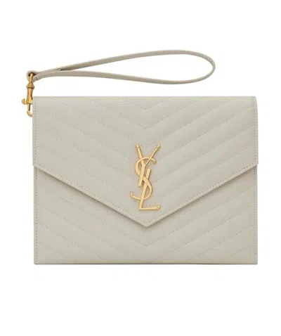 Saint Laurent Monogram Quilted Clutch Bag In White