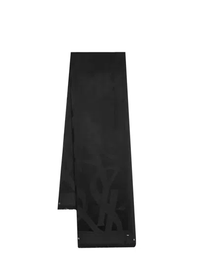 Saint Laurent Monogram Scarf In Wool Jacquard Scarves And Foulards Black
