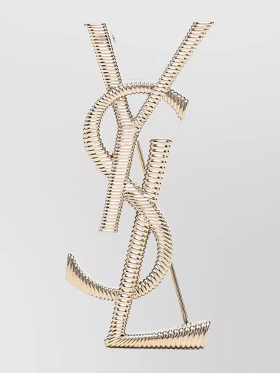 Saint Laurent Monogram Textured Gold-tone Brooch In Neutrals