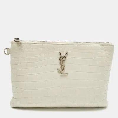Pre-owned Saint Laurent Monogram White Croc Embossed Leather Wristlet Pouch