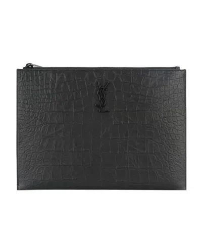 Saint Laurent Monogram Zip Pouch In Black