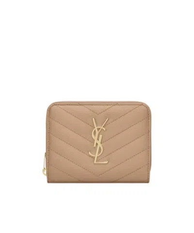 Saint Laurent Monogram Zip-around Leather Wallet In Neutral