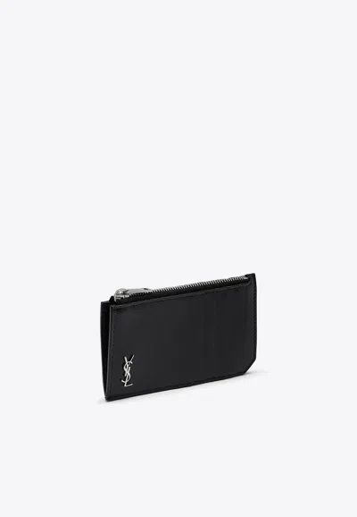 Saint Laurent Monogram Zipped Leather Cardholder In Black