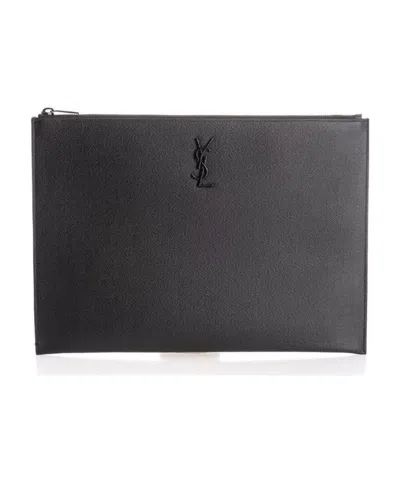 Saint Laurent Monogram Zipped Pouch In Smooth Leather In Black