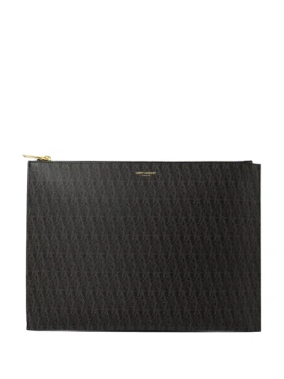 Pre-owned Saint Laurent Monogram-print Pouch Bag In Black