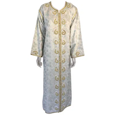 Pre-owned Saint Laurent Moroccan Caftan, White Floral Brocade Kaftan Embroidered With Gold Threads