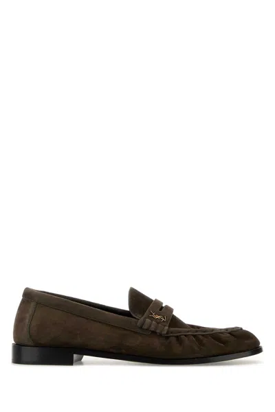 Saint Laurent Mud Suede Loafers In Brown