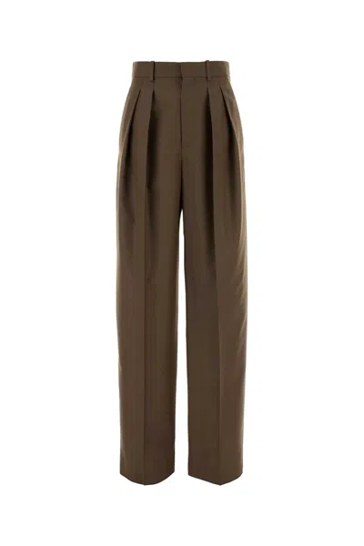 Saint Laurent Mud Wool Blend Wide-leg Pant In Brown