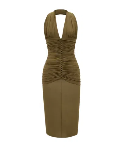 Saint Laurent Mulberry Silk Crepe Satin Neck Dress In Green