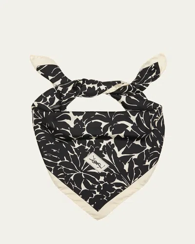 Saint Laurent Multi-leaves Silk Twill Square Scarf In Black Ivory