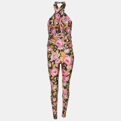 Pre-owned Saint Laurent Multicolor Floral Print Stretch Satin Halterneck Jumpsuit S
