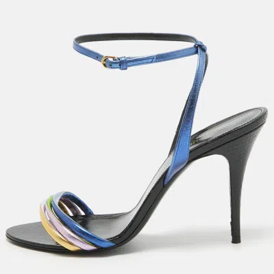 Pre-owned Saint Laurent Multicolor Leather Manhattan Strappy Heeled Sandals Size 39