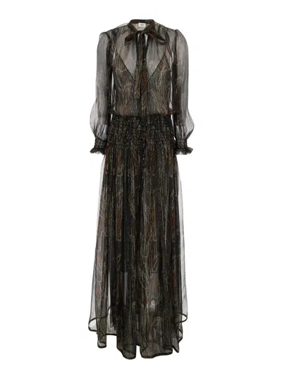 Saint Laurent Multicolor Long Dresss With Pussybow Neck And Poet Sleeves In Silk And Fabric Woman