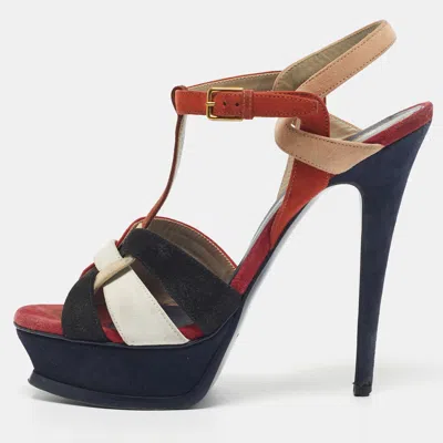 Pre-owned Saint Laurent Multicolor Suede Tribute Ankle Strap Sandals Size 38.5
