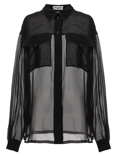 Saint Laurent Silk Chiffon Collared Shirt In Black