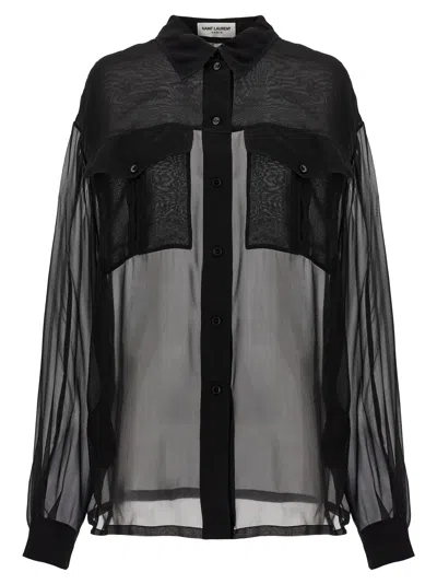Saint Laurent Silk Chiffon Collared Shirt In Black