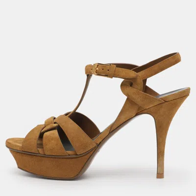 Pre-owned Saint Laurent Mustard Suede Tribute Sandals Size 39 In Yellow