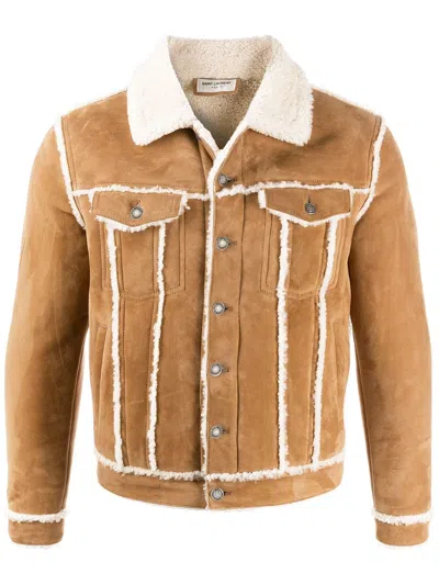 Saint Laurent Men's Muton Shearling Jacket In Cognac,ecru
