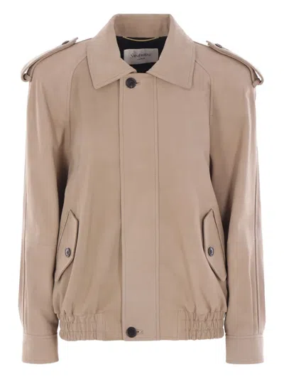 Saint Laurent Nubuck Bomber Jacket In Neutral