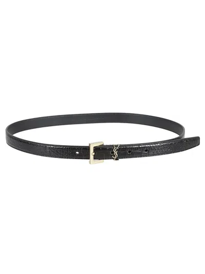 Saint Laurent Narrow Crocodile-textured Calfskin Belt In Burgundy