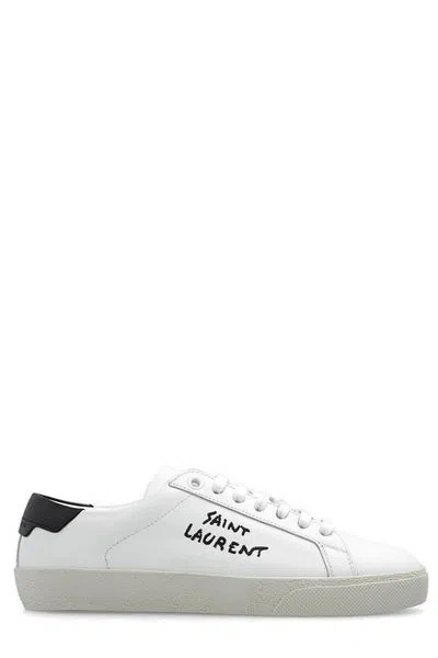Saint Laurent Navy Blue Canvas Court Sneakers For Women In White