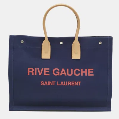 Pre-owned Saint Laurent Navy Blue Canvas Large Rive Gauche Tote