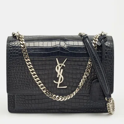 Pre-owned Saint Laurent Navy Blue Croc Embossed Leather Medium Sunset Shoulder Bag