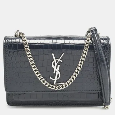 Pre-owned Saint Laurent Navy Blue Croc Embossed Leather Sunset Wallet On Chain