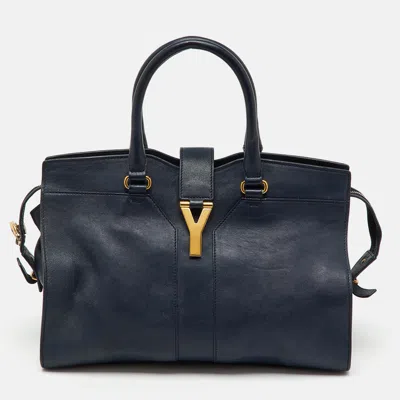 Pre-owned Saint Laurent Navy Blue Leather Medium Cabas Y-ligne Tote