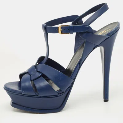 Pre-owned Saint Laurent Navy Blue Leather Tribute Platform Sandals Size 38.5