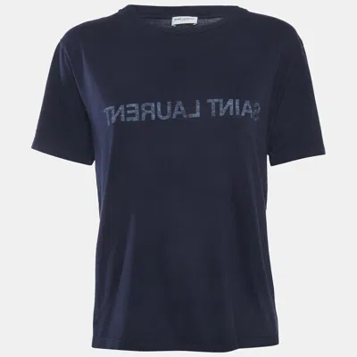 Pre-owned Saint Laurent Navy Blue Logo Print Jersey T-shirt M