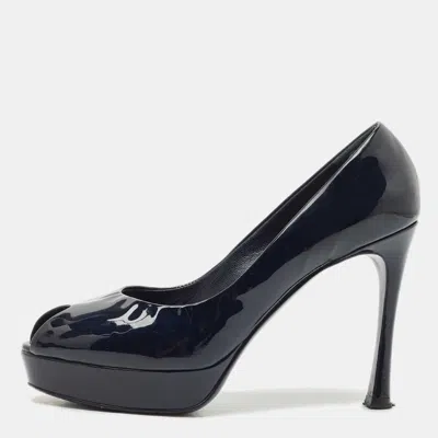 Pre-owned Saint Laurent Navy Blue Patent Leather Peep Toe Ankle Strap Pumps Size 37