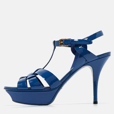 Pre-owned Saint Laurent Navy Blue Patent Leather Tribute Platform Ankle Strap Sandals Size 37