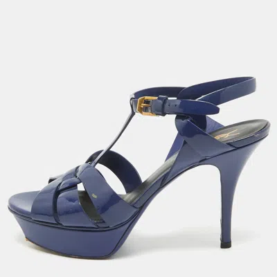 Pre-owned Saint Laurent Navy Blue Patent Leather Tribute Sandals Size 38