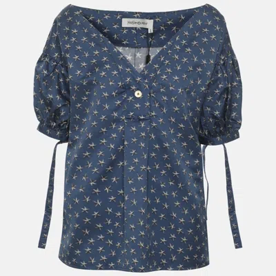 Pre-owned Saint Laurent Navy Blue Star Printed Satin Blouse M