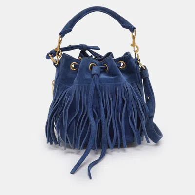 Pre-owned Saint Laurent Navy Blue Suede Emmanuelle Fringe Bucket Bag
