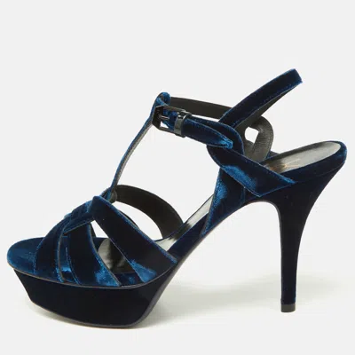 Pre-owned Saint Laurent Navy Blue Velvet Tribute Platform Ankle Strap Sandals Size 38