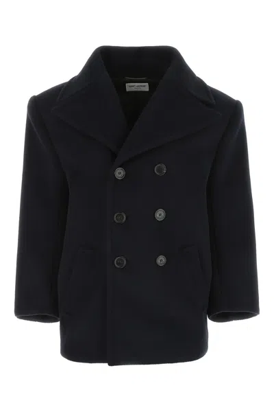 SAINT LAURENT NAVY BLUE WOOL OVERSIZE COAT