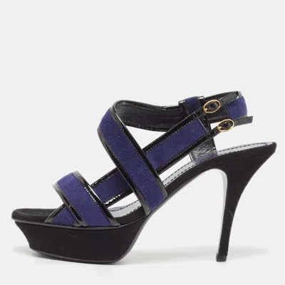 Pre-owned Saint Laurent Navy Blue/patent Leather Platform Ankle Strap Sandals Size 37.5